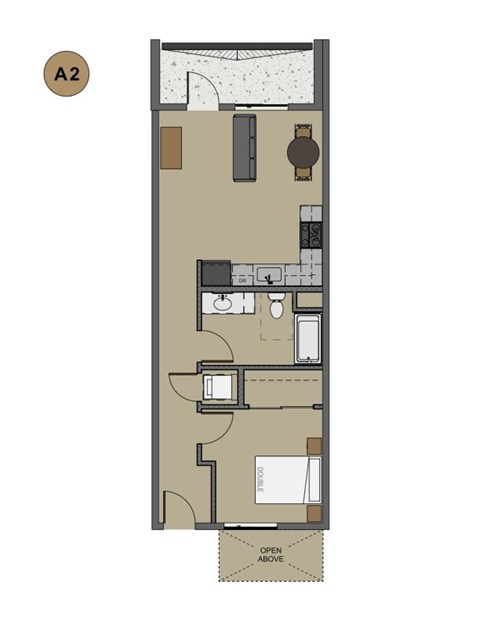 Floor plan for 1 bed, 1 bath, 640 sqft